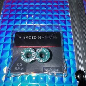 NWT Pierced Nation Silicone‎ Tunnel Plugs 0G 8mm Teal Blue Splatter Silver Shiny
